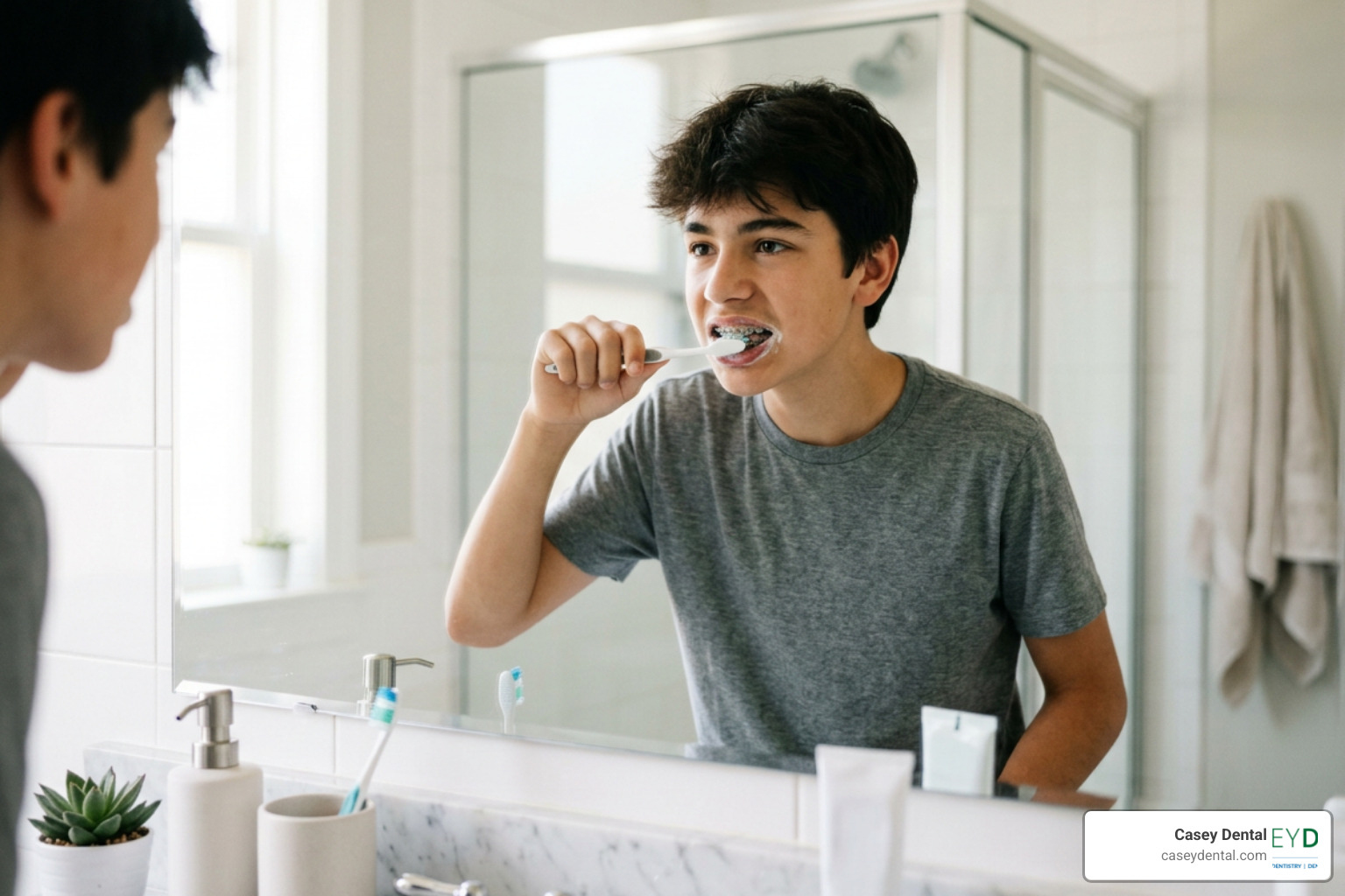 Teenager brushing their teeth with traditional braces