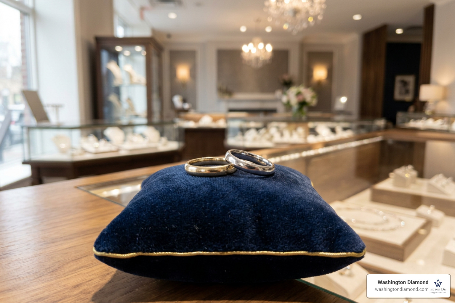 Classic gold and platinum wedding bands displayed on a velvet pillow