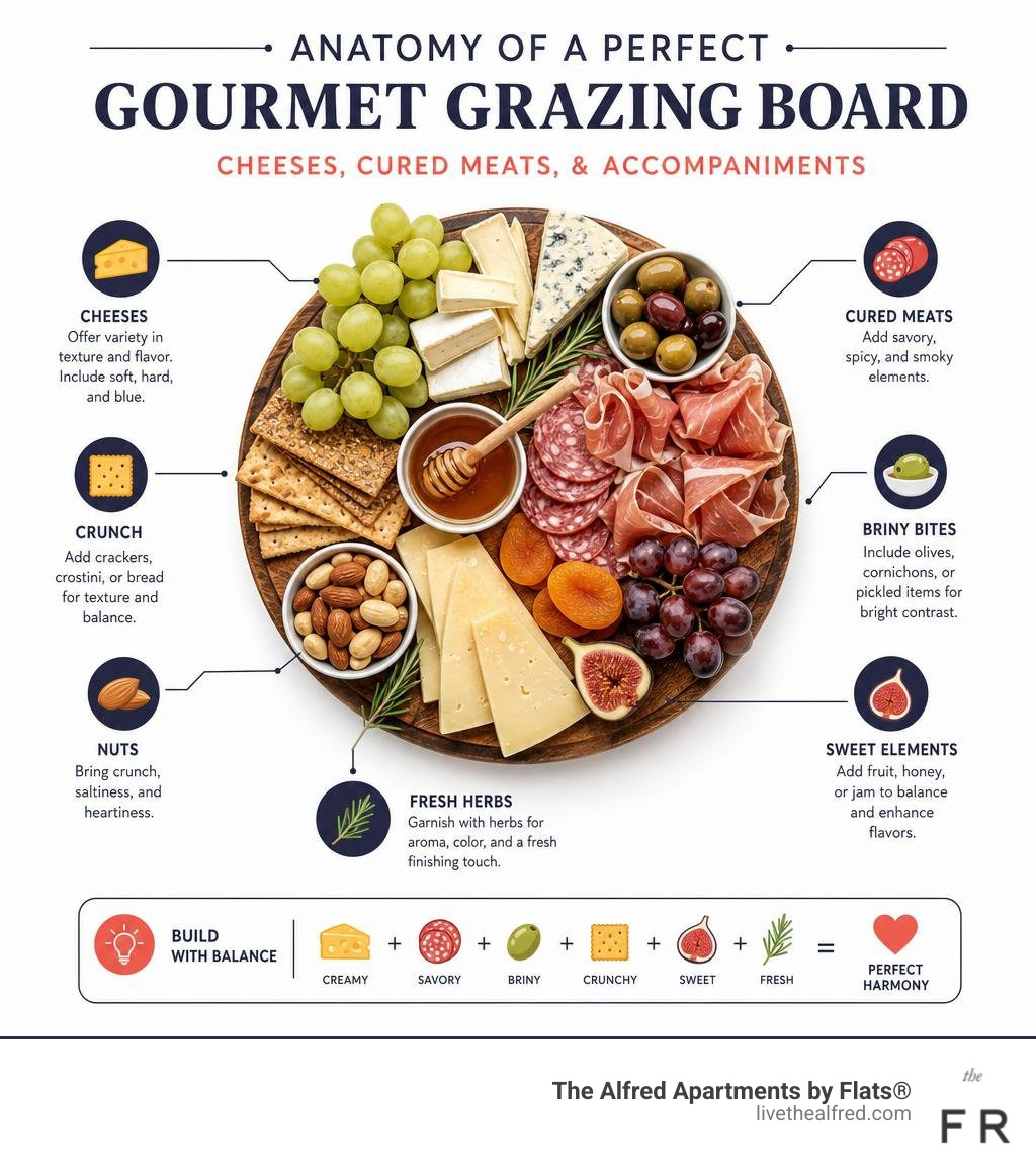 Anatomy of a perfect gourmet grazing board with cheeses, cured meats, and accompaniments infographic Anatomy of a perfect gourmet grazing board with cheeses, cured meats, and accompaniments infographic