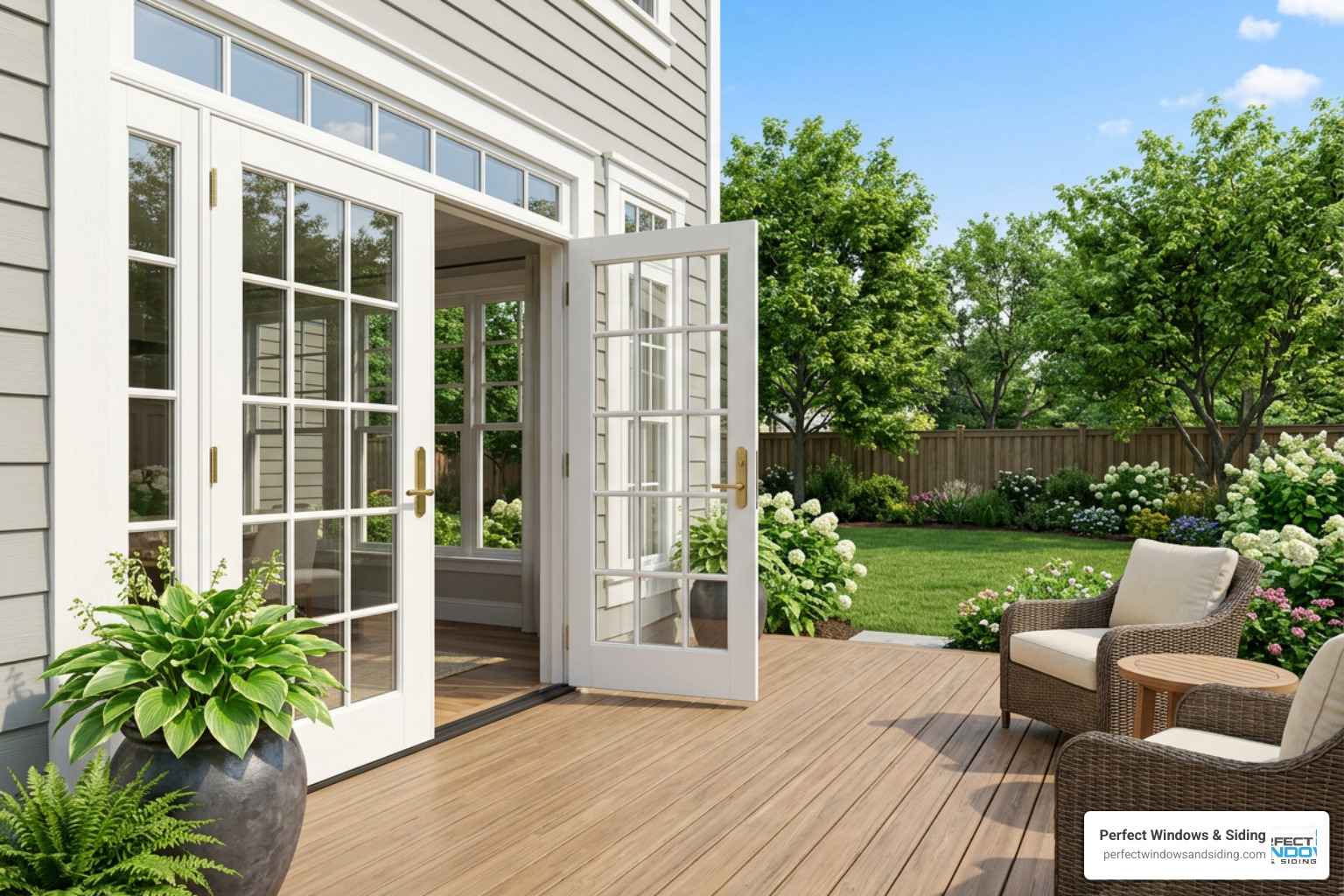 Elegant French patio doors leading to a suburban deck Elegant French patio doors leading to a suburban deck