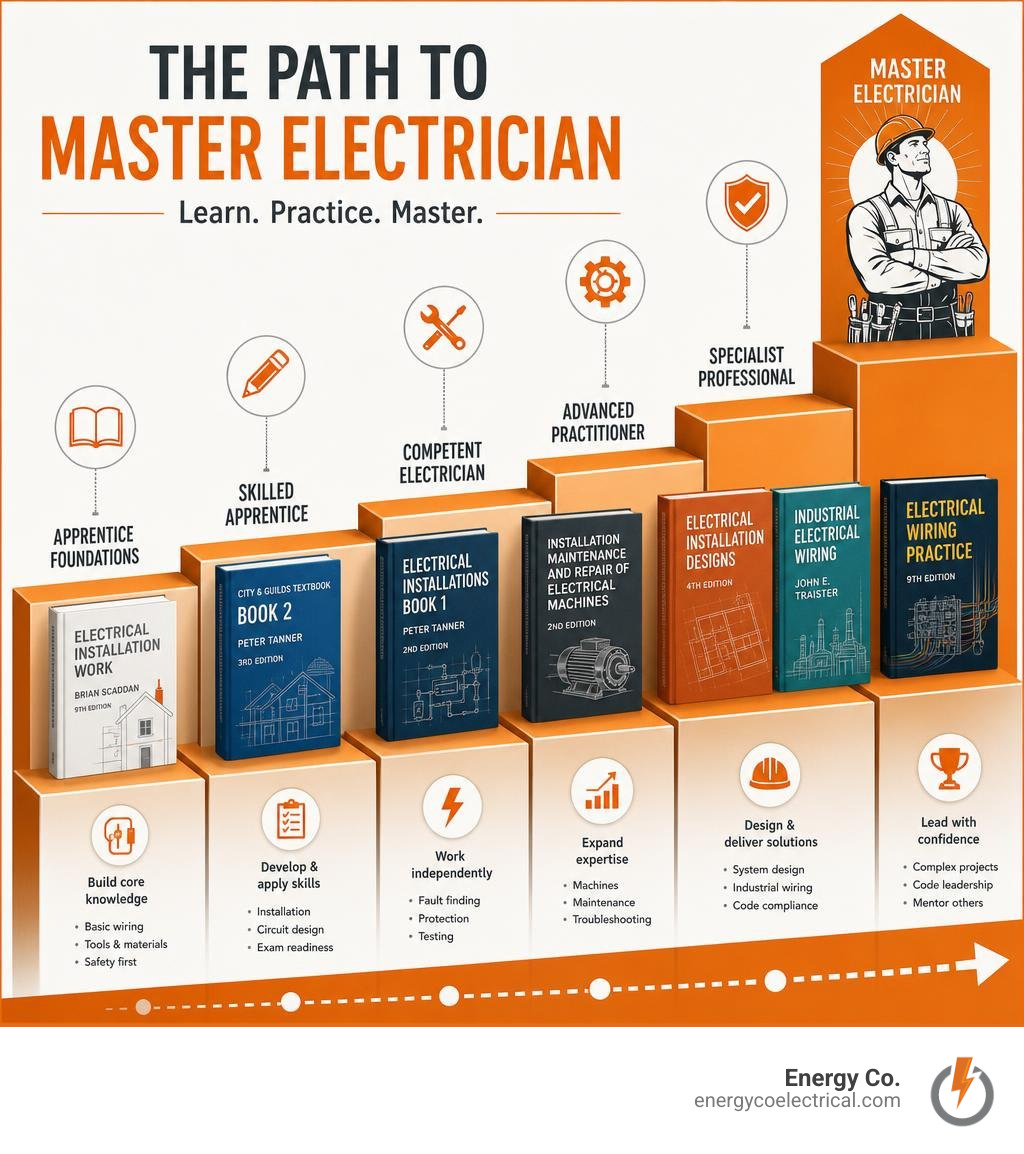 Infographic showing the path from apprentice to master electrician using key electrical installation books infographic