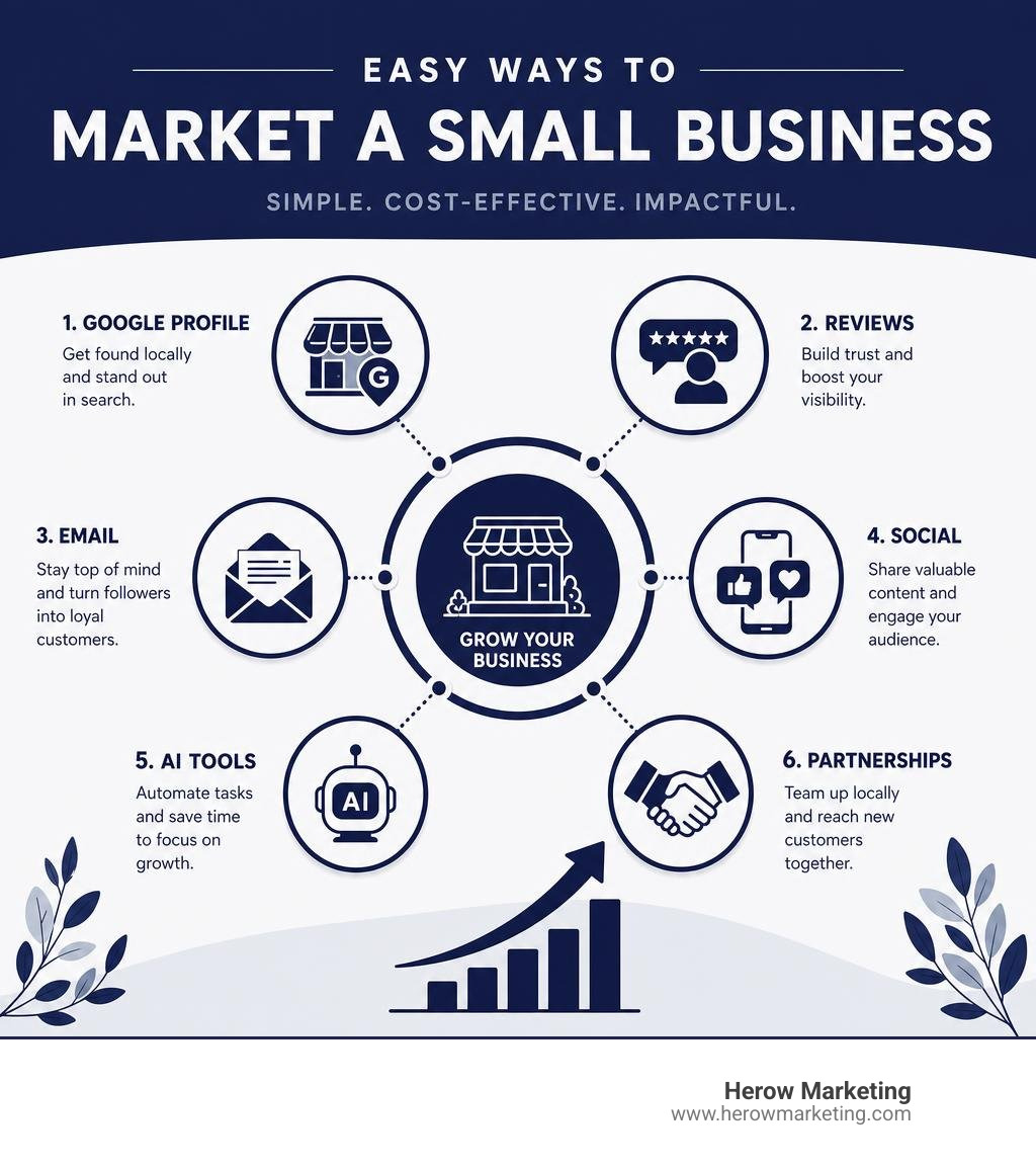 Overview infographic of easy ways to market a small business: Google profile, reviews, email, social, AI, partnerships Overview infographic of easy ways to market a small business: Google profile, reviews, email, social, AI, partnerships