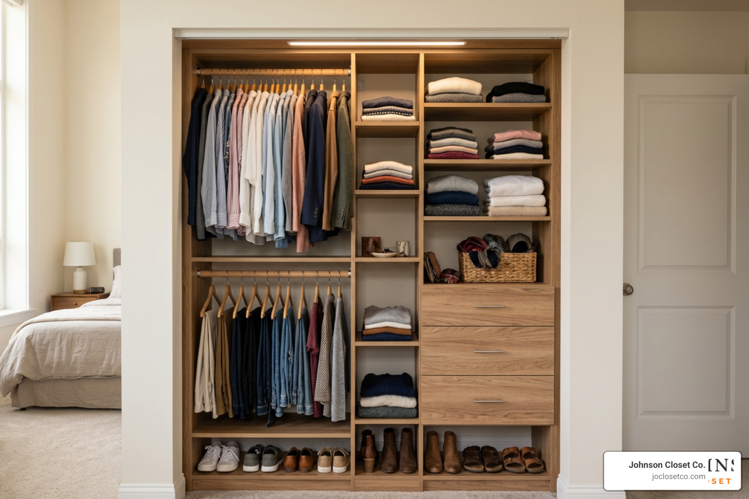 Custom 36-inch closet organizer with built-in drawers and adjustable shelving