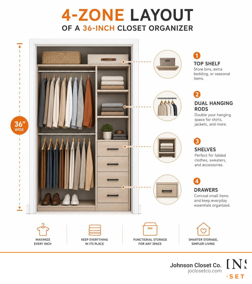 4-zone layout of a 36-inch closet organizer showing top shelf, dual hanging rods, shelves, and drawers infographic