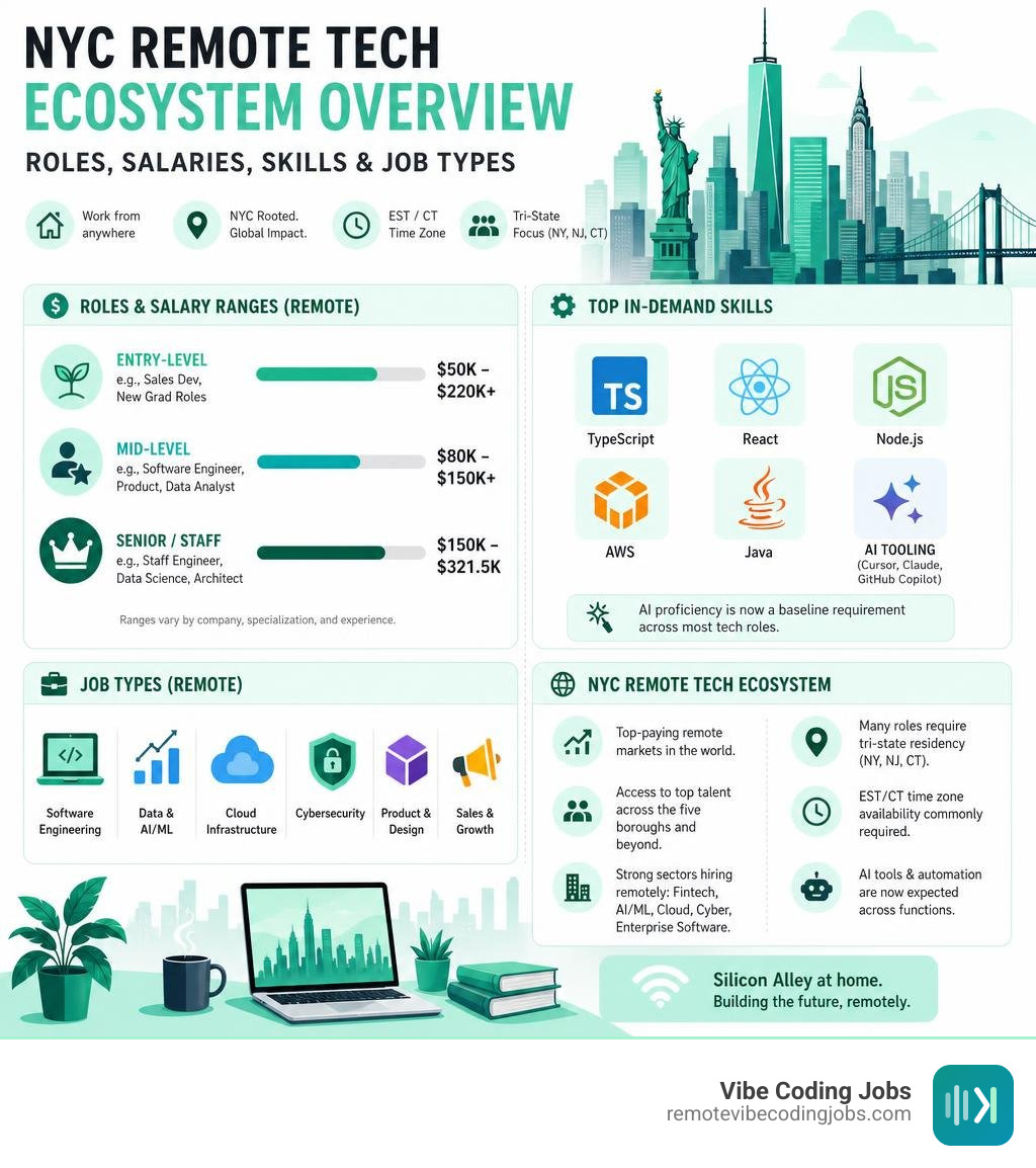 NYC remote tech ecosystem overview: roles, salaries, skills, and job types infographic
