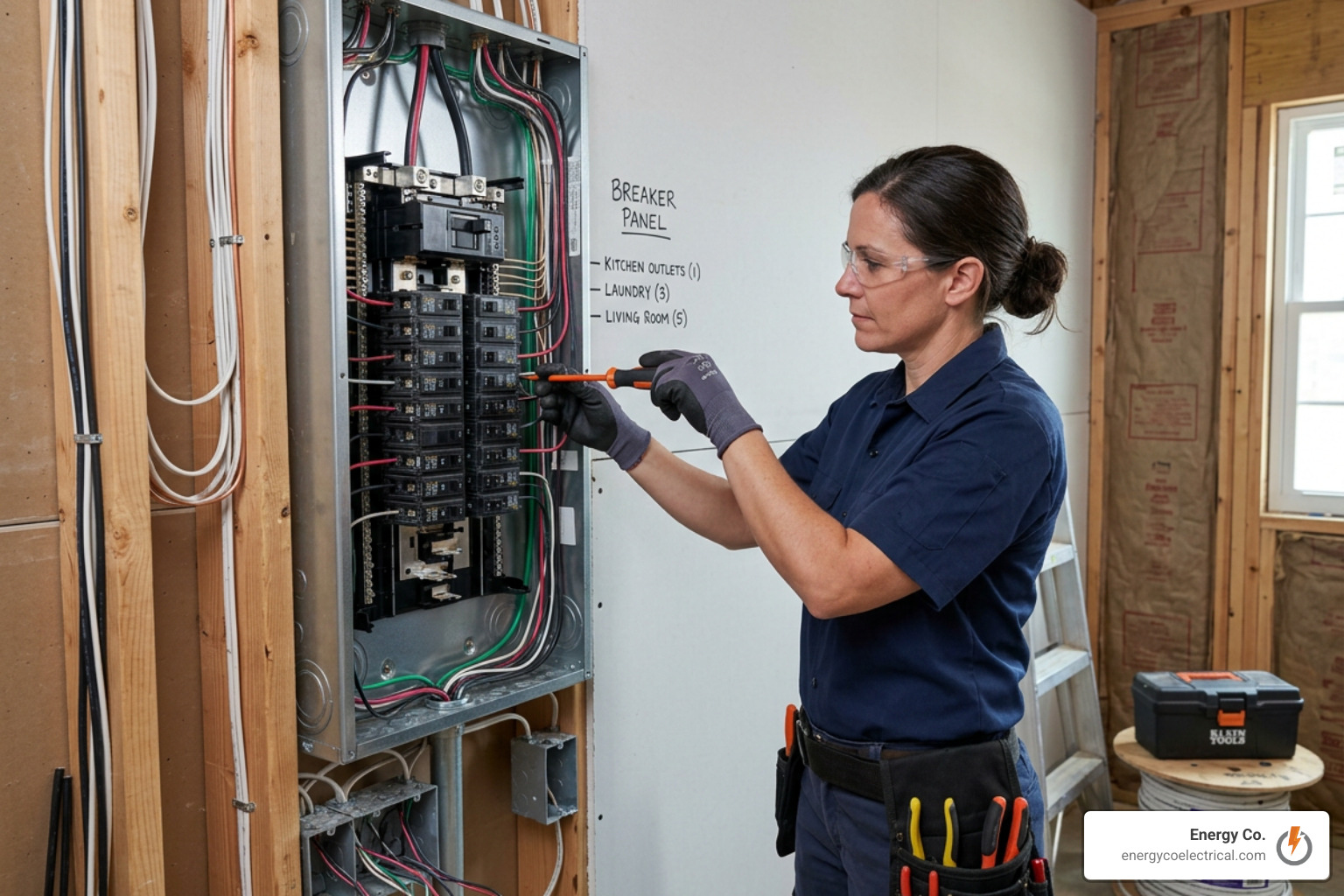 Residential circuit breaker panel showing main breaker and branch circuits