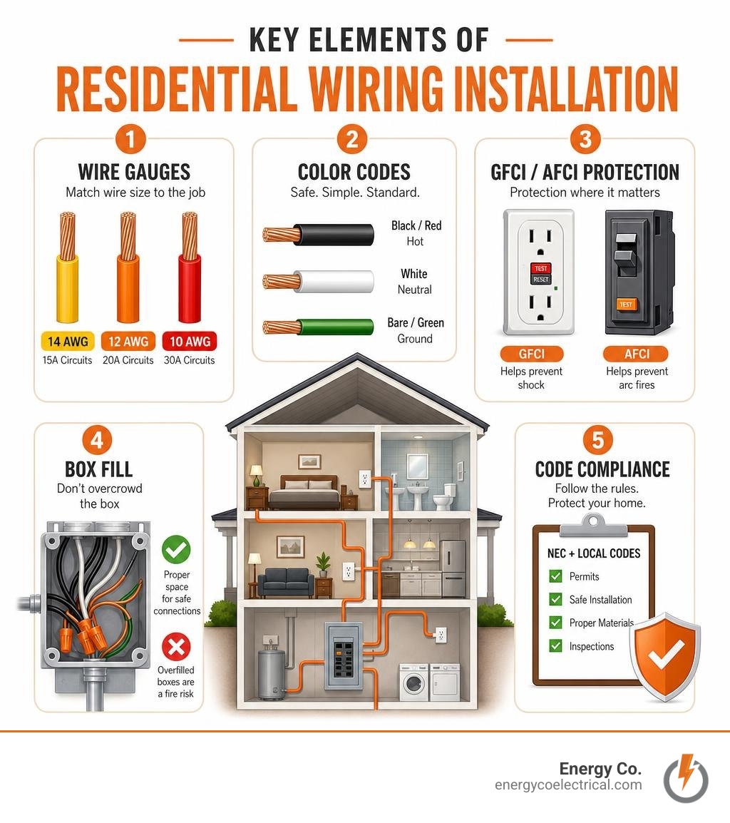 Key elements of residential wiring installation: wire gauges, color codes, GFCI/AFCI, box fill, code compliance infographic