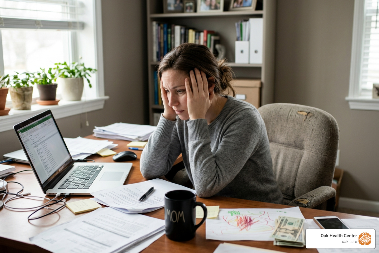 A woman sitting at her desk, balancing work and life stress with a concerned expression A woman sitting at her desk, balancing work and life stress with a concerned expression