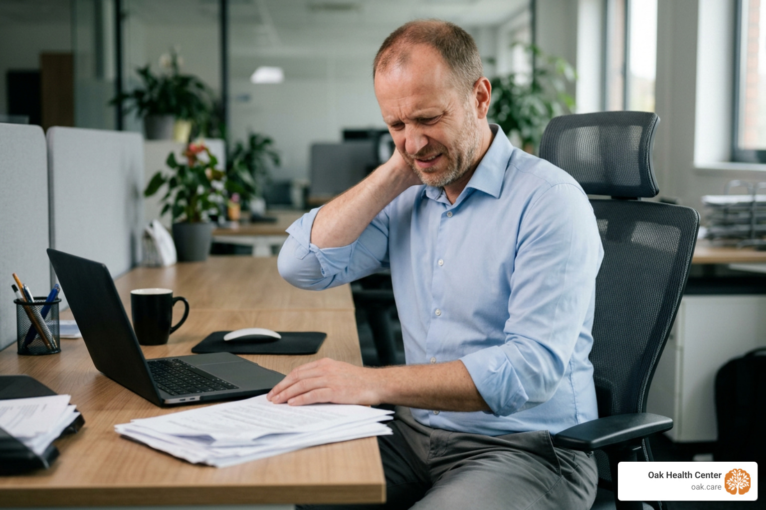 A man sitting at his office desk, rubbing his neck and experiencing severe muscle tension A man sitting at his office desk, rubbing his neck and experiencing severe muscle tension