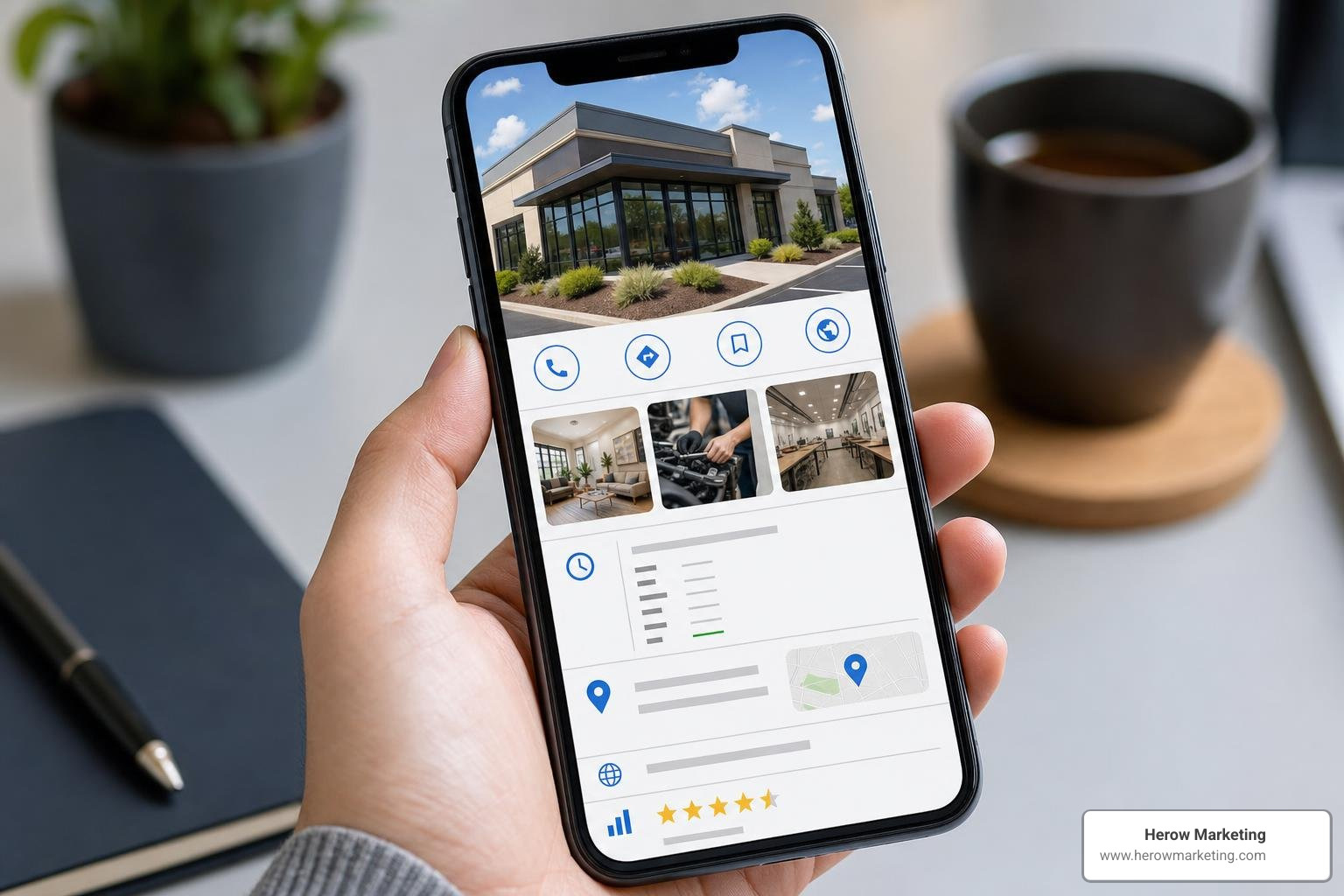A close-up of a smartphone screen displaying a fully optimized Google Business Profile with real photos, clear business A close-up of a smartphone screen displaying a fully optimized Google Business Profile with real photos, clear business