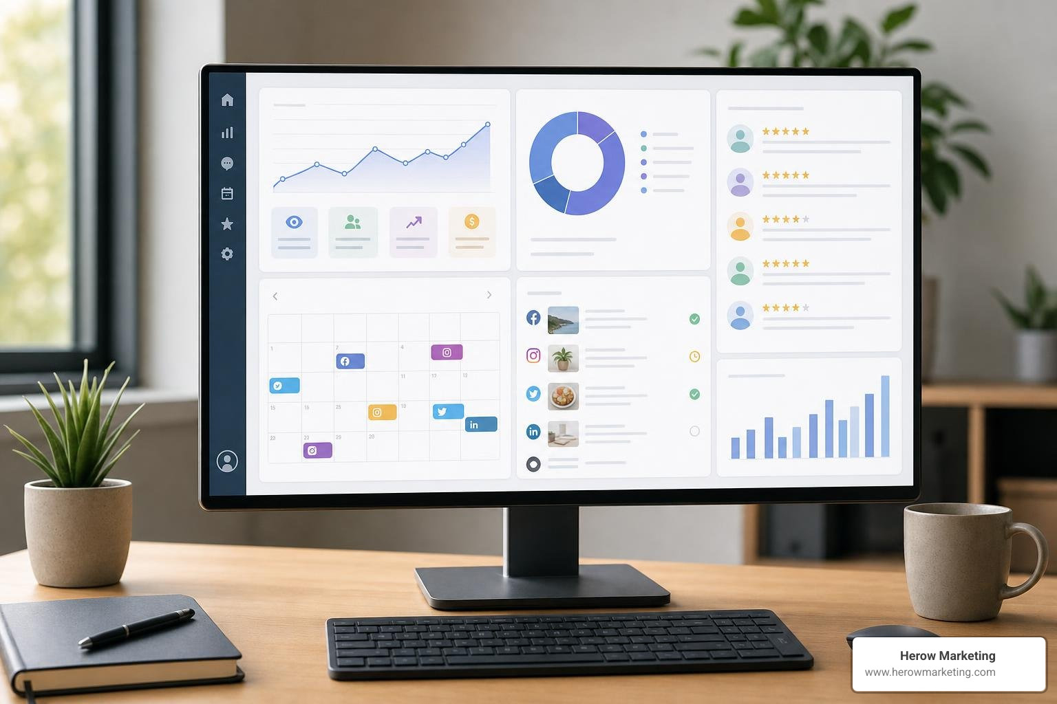 A modern, clean marketing dashboard showing AI-driven analytics, automated social media scheduling, and review tracking in A modern, clean marketing dashboard showing AI-driven analytics, automated social media scheduling, and review tracking in
