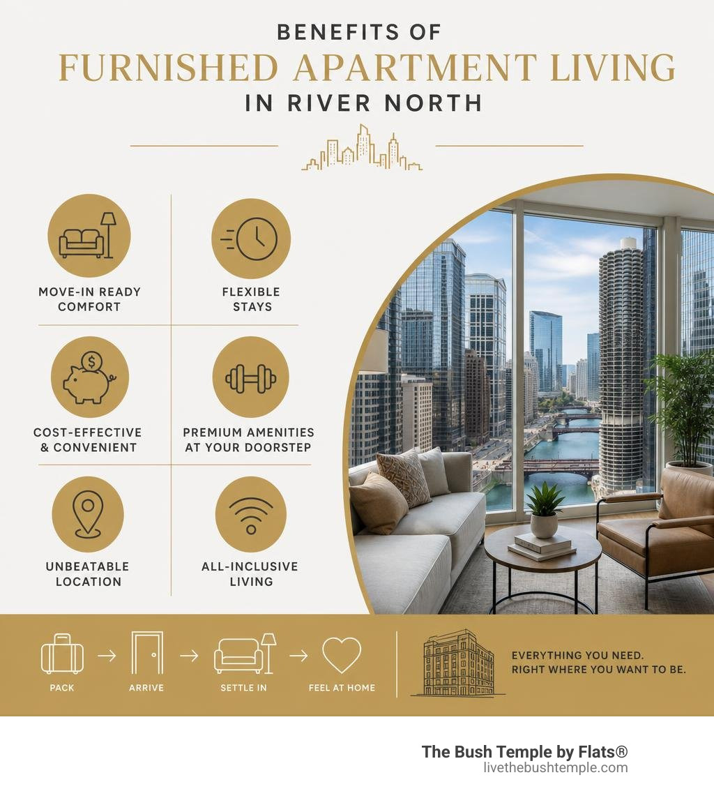 Benefits of furnished apartment living in River North infographic infographic