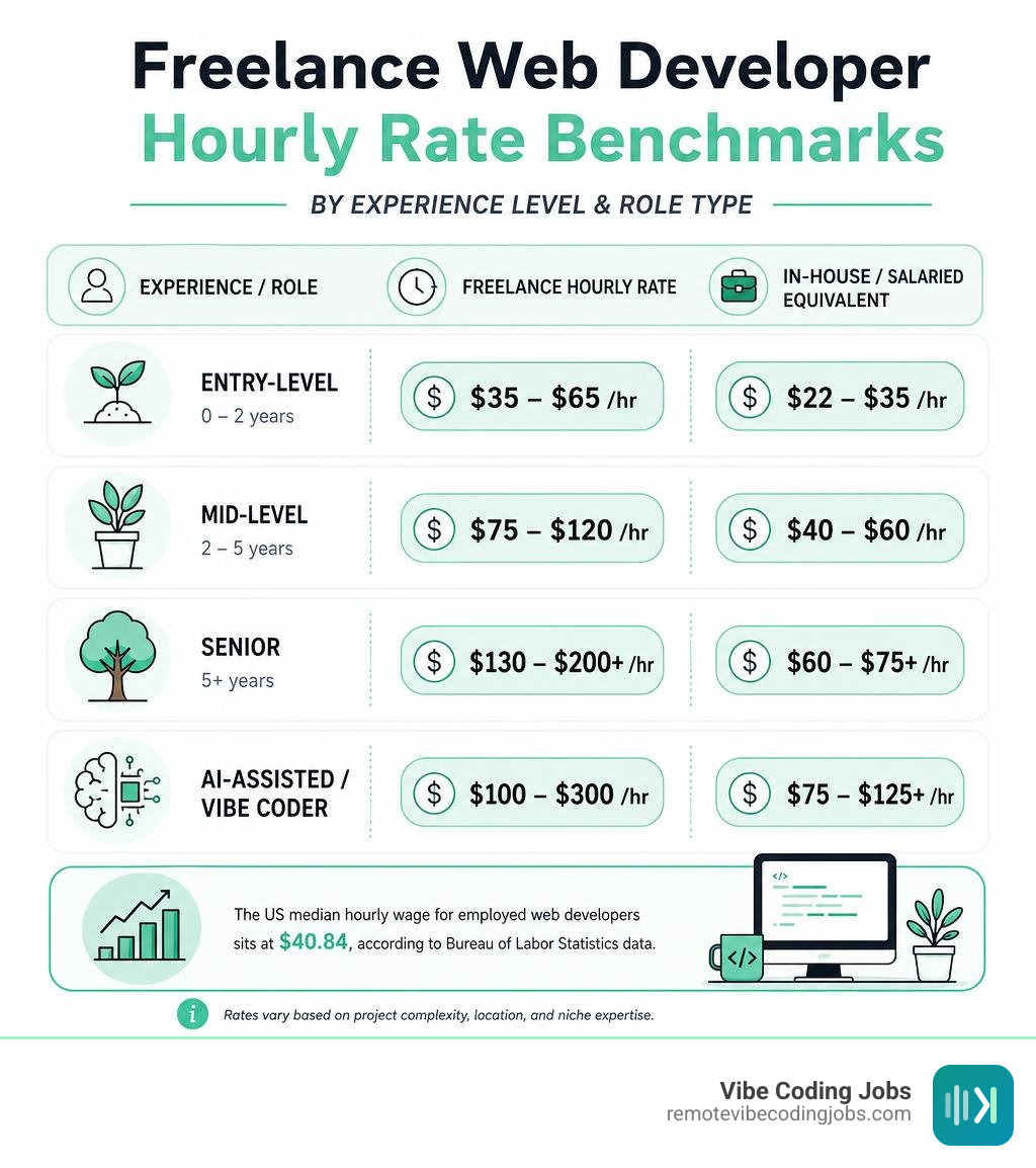 Freelance web developer hourly rate benchmarks by experience level and role type infographic infographic