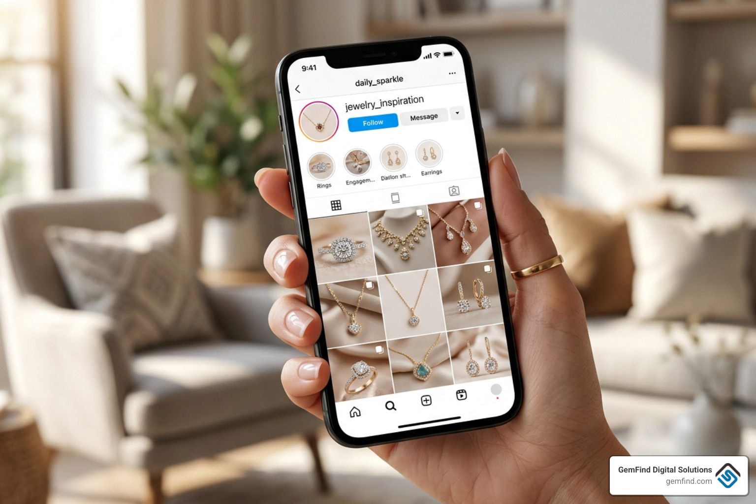 Phone screen showing an elegant jewelry brand Instagram feed