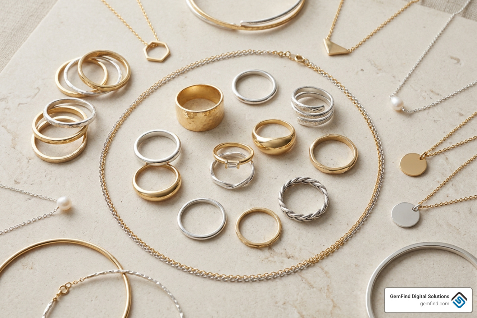 Flat lay of mixed-metal jewelry showcasing silver and gold rings