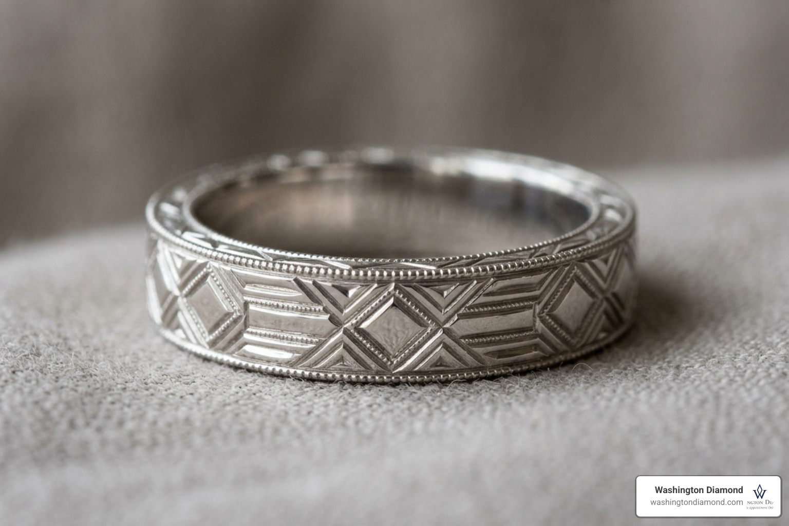 Art Deco geometric wedding band with hand-engraving and milgrain details Art Deco geometric wedding band with hand-engraving and milgrain details