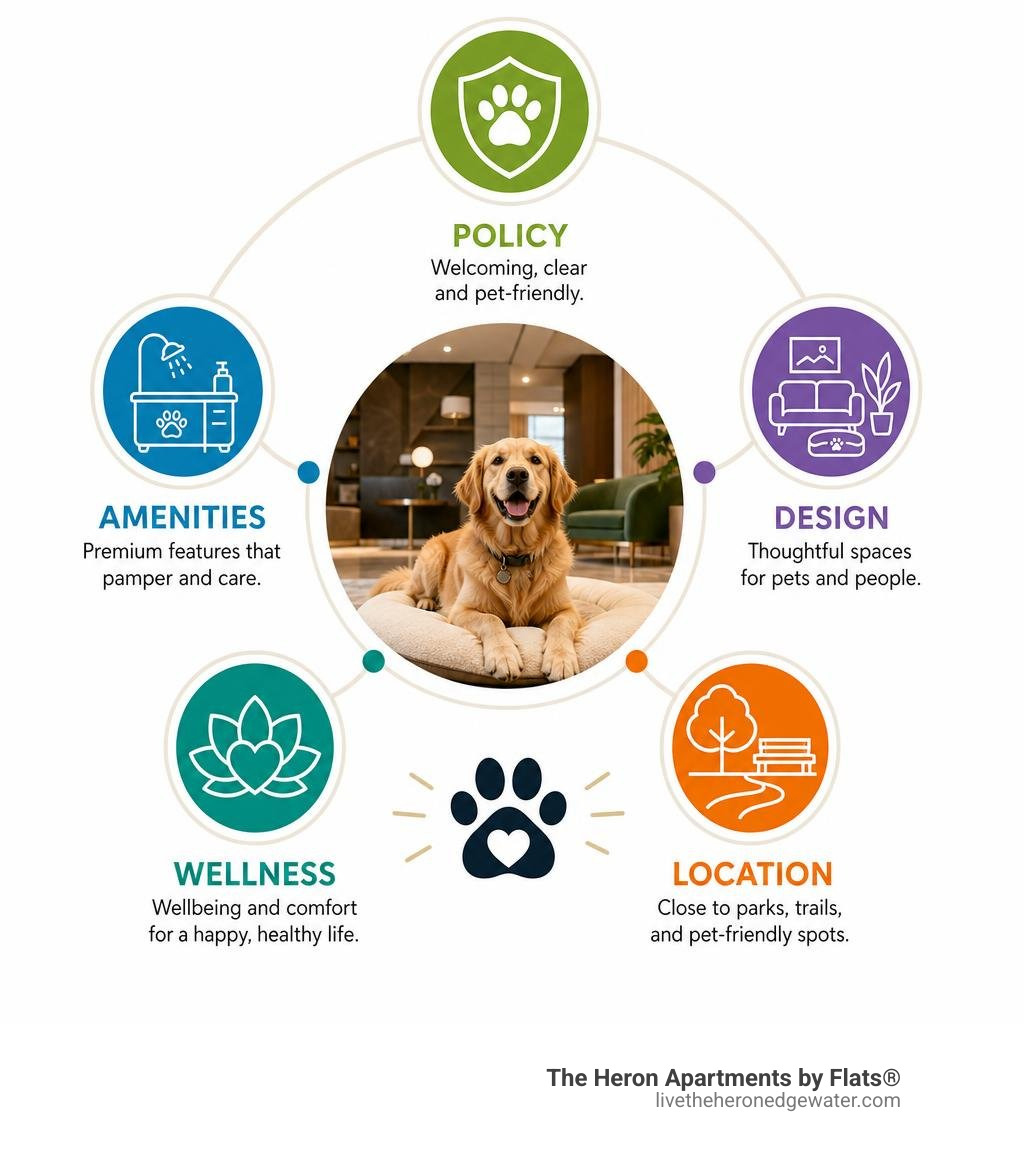 Essential elements of high-end pet hospitality: policy, amenities, design, wellness, and location infographic Essential elements of high-end pet hospitality: policy, amenities, design, wellness, and location infographic