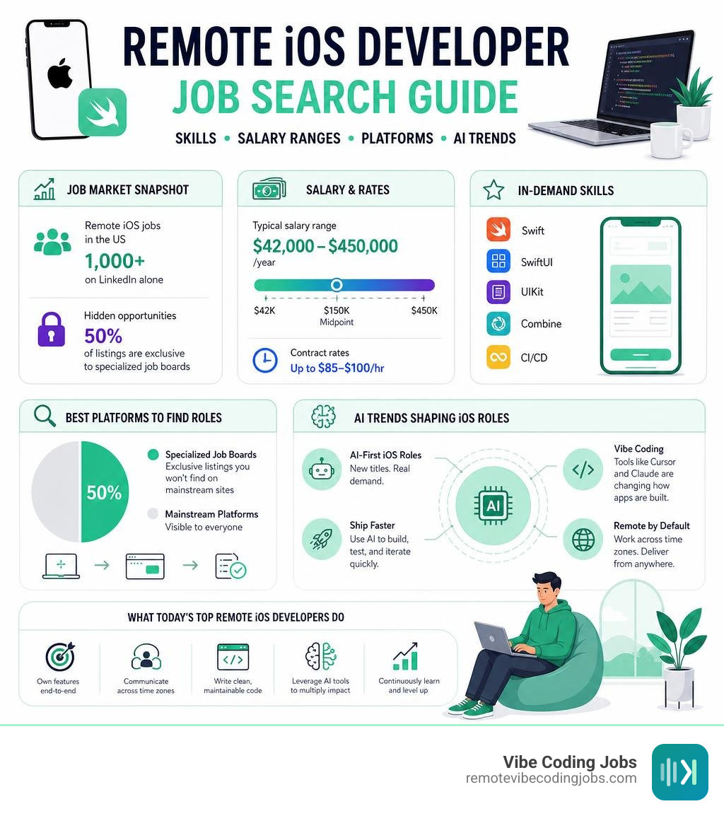 Remote iOS developer job search guide: skills, salary ranges, platforms, and AI trends infographic