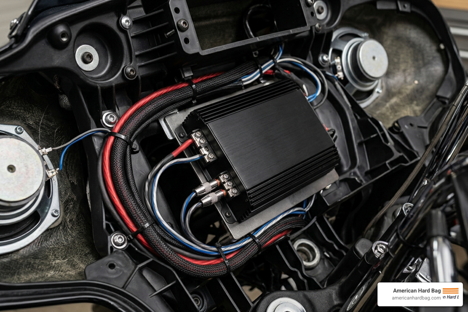 The interior of a Harley-Davidson fairing showing a clean amplifier installation and organized wiring harness The interior of a Harley-Davidson fairing showing a clean amplifier installation and organized wiring harness