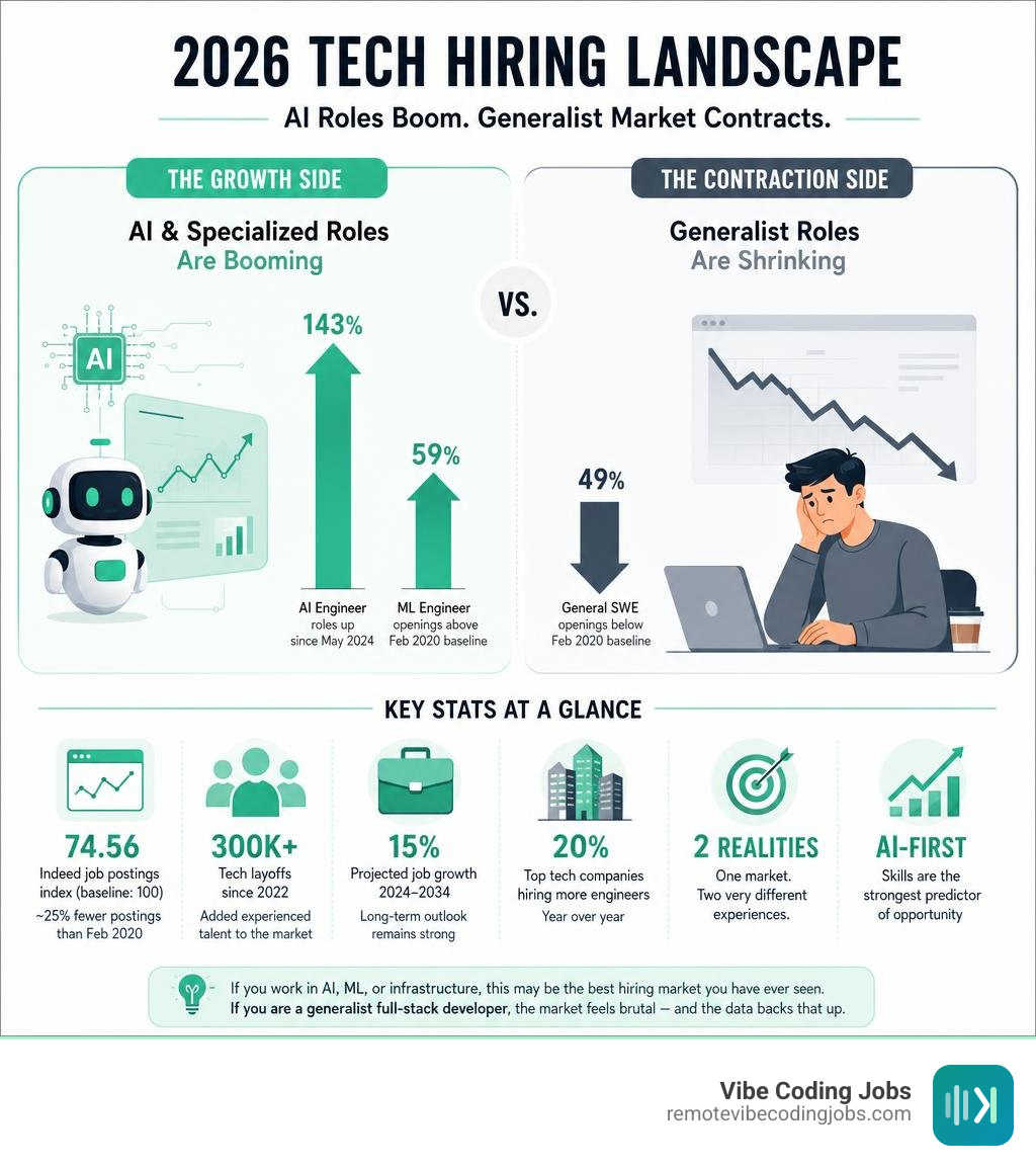 2026 tech hiring landscape infographic: AI roles booming, generalist market contracting, key stats infographic