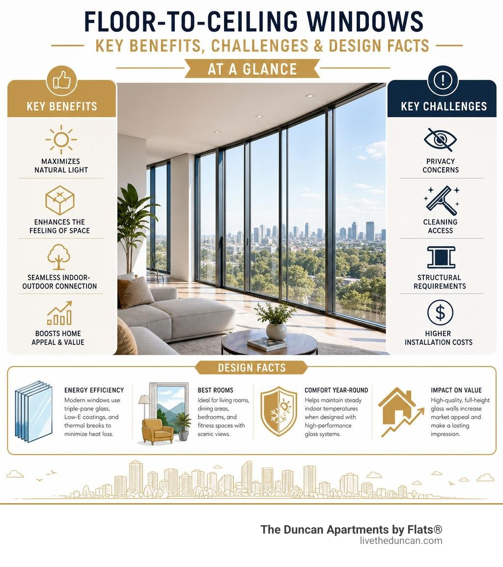 Key benefits, challenges, and design facts about floor-to-ceiling windows at a glance infographic