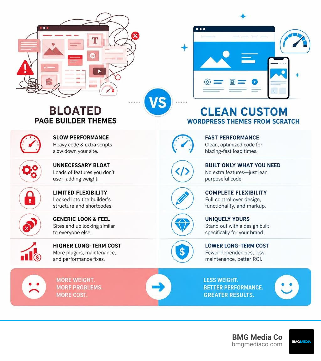 Infographic comparing bloated page builder themes vs. clean custom WordPress themes from scratch infographic
