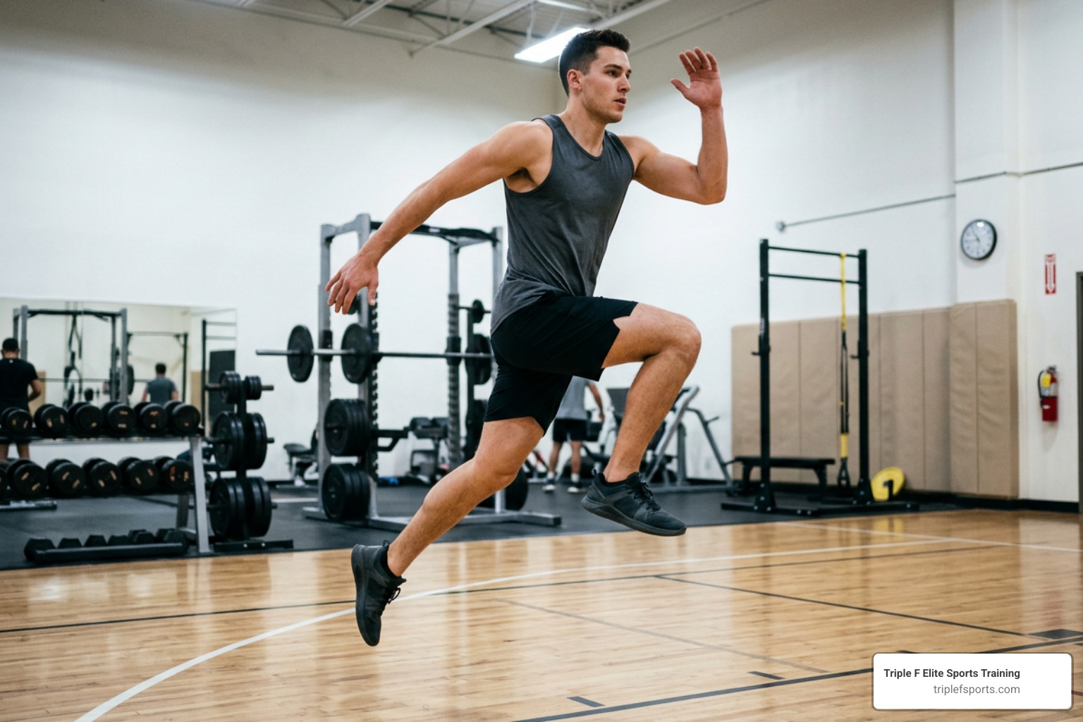An athlete executing a lateral bound with perfect knee and hip alignment An athlete executing a lateral bound with perfect knee and hip alignment