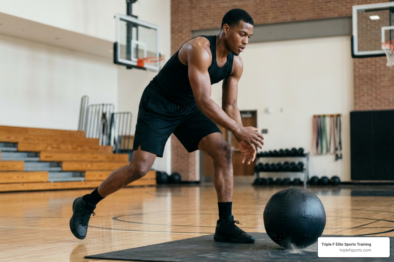 An athlete performing a rotational medicine ball slam to build core power An athlete performing a rotational medicine ball slam to build core power