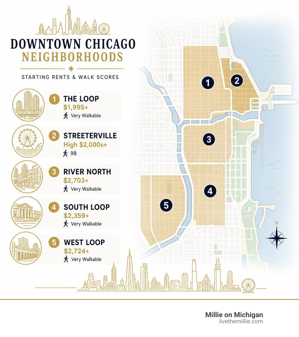 Downtown Chicago neighborhoods map with neighborhoods, starting rents, and walk scores infographic