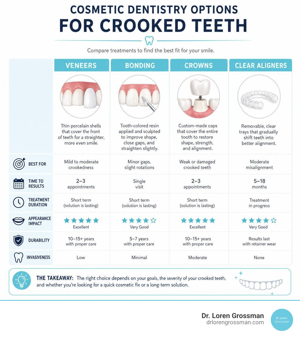 Cosmetic dentistry options for crooked teeth: veneers, bonding, crowns, clear aligners comparison infographic