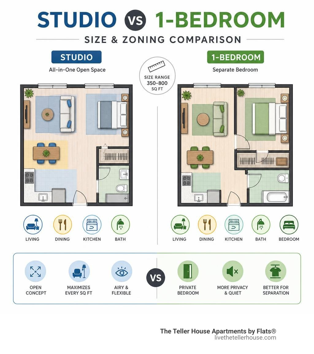 Studio vs 1-bedroom floor plan size and zoning comparison infographic infographic Studio vs 1-bedroom floor plan size and zoning comparison infographic infographic