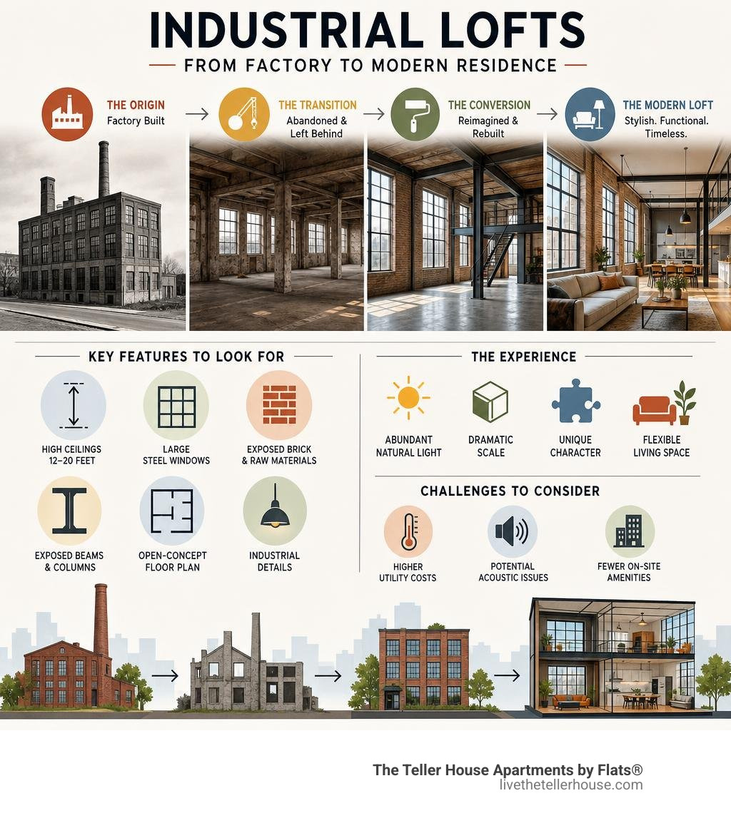 Key features and evolution of industrial lofts from factory to modern residence infographic