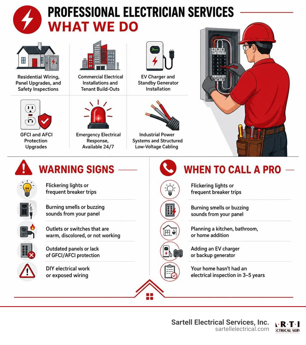 infographic showing types of professional electrician services, warning signs, and when to call a pro infographic infographic showing types of professional electrician services, warning signs, and when to call a pro infographic