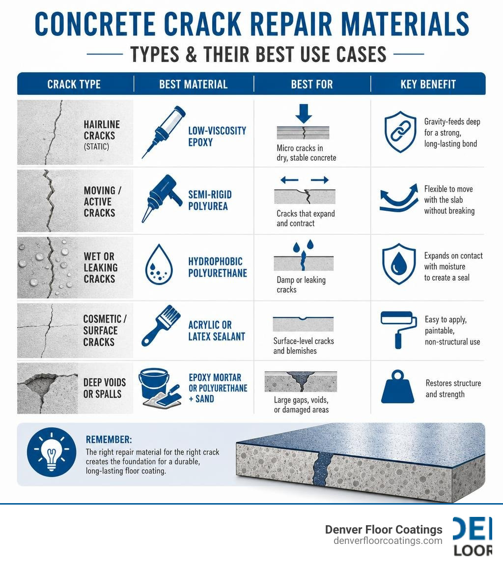 Types of concrete crack repair materials and their best use cases infographic infographic
