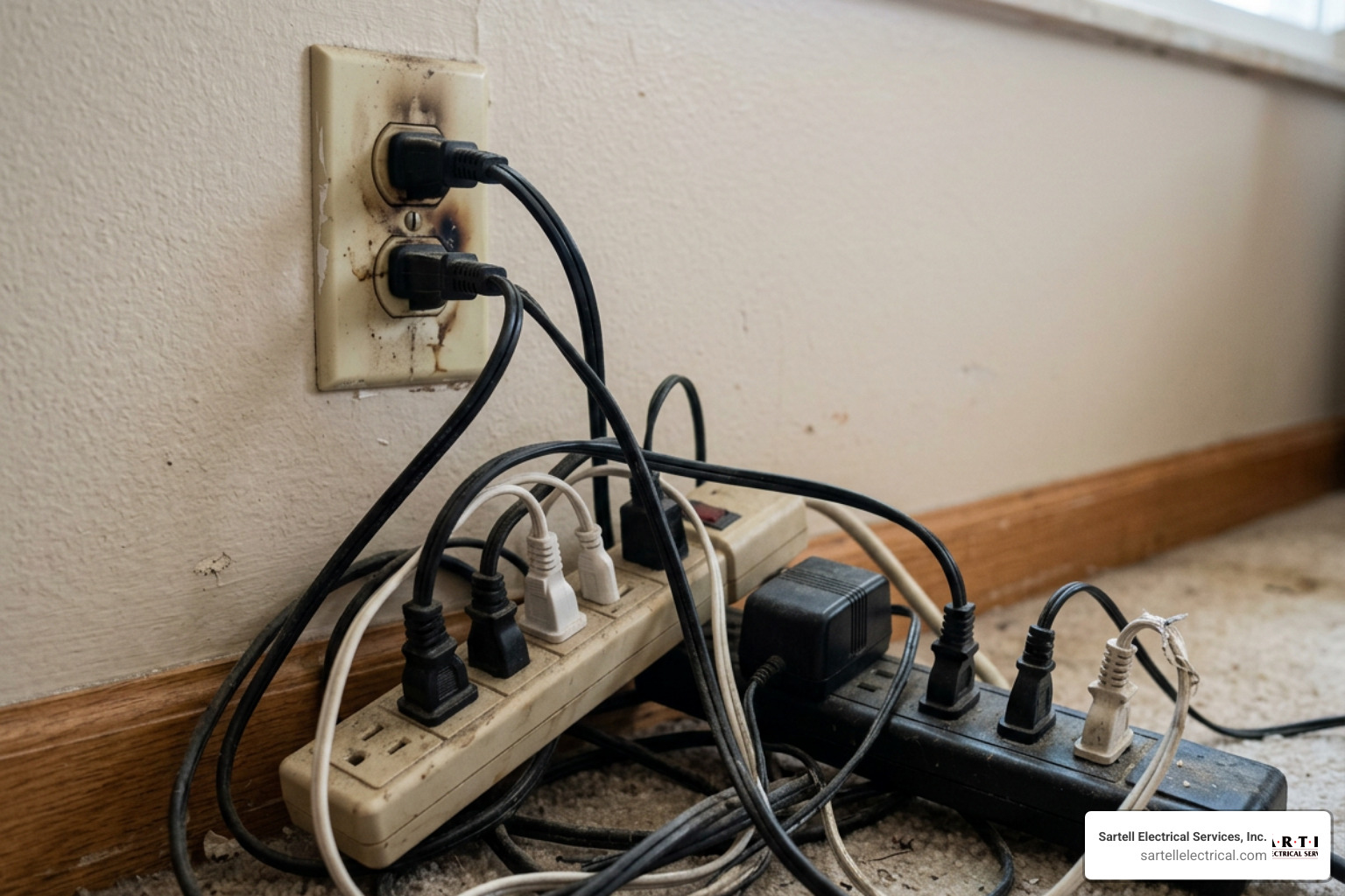 close-up of an overloaded electrical outlet with multiple plugs causing safety hazard close-up of an overloaded electrical outlet with multiple plugs causing safety hazard