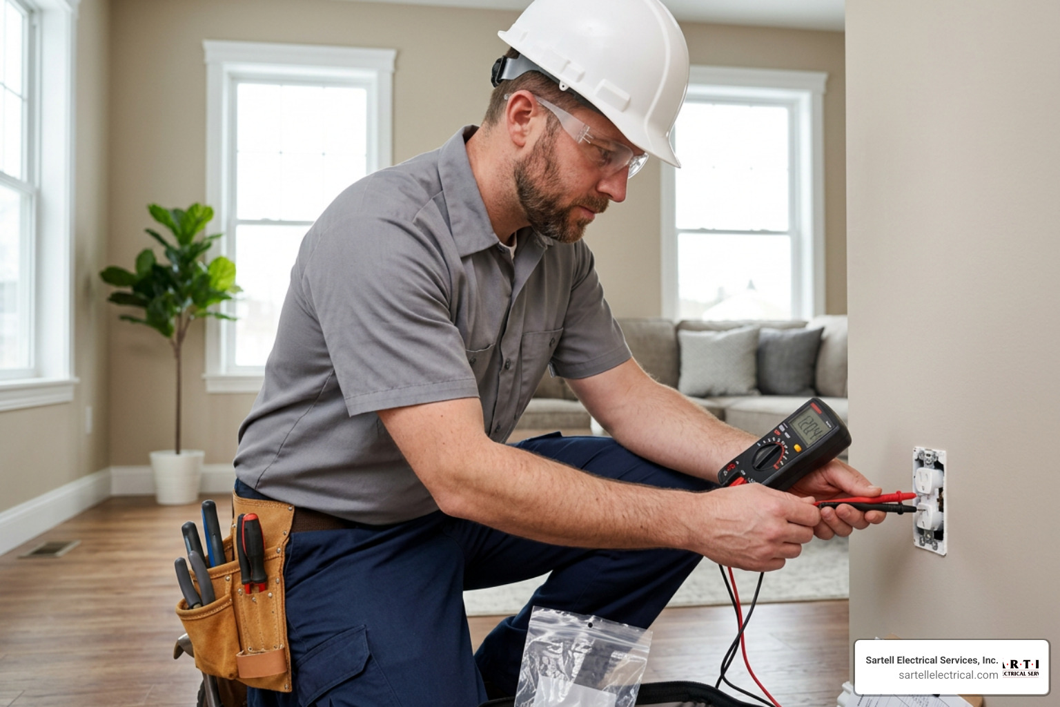 professional electrician using a digital multimeter to test a wall outlet for safety professional electrician using a digital multimeter to test a wall outlet for safety