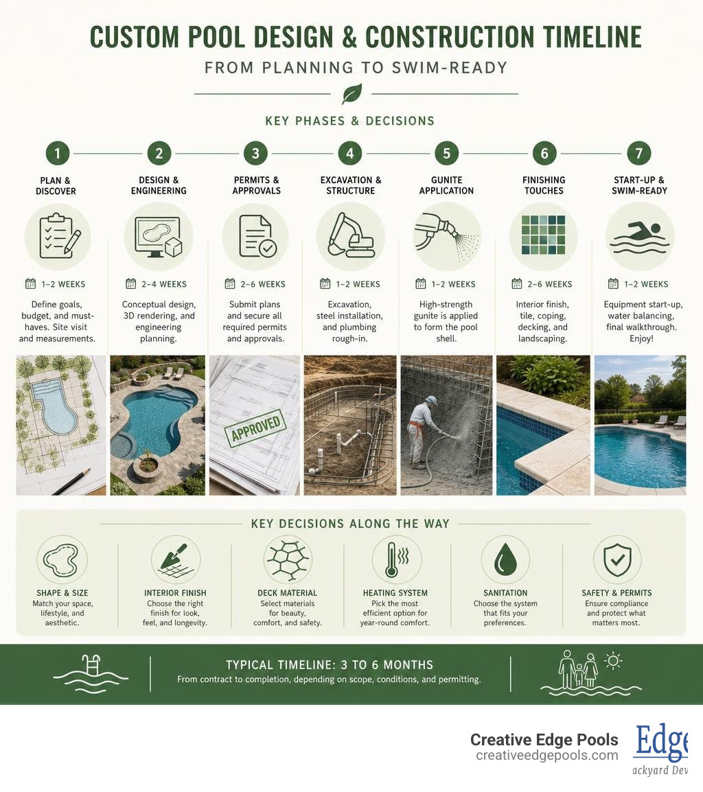 Custom pool design and construction timeline from planning to swim-ready, key phases and decisions infographic Custom pool design and construction timeline from planning to swim-ready, key phases and decisions infographic