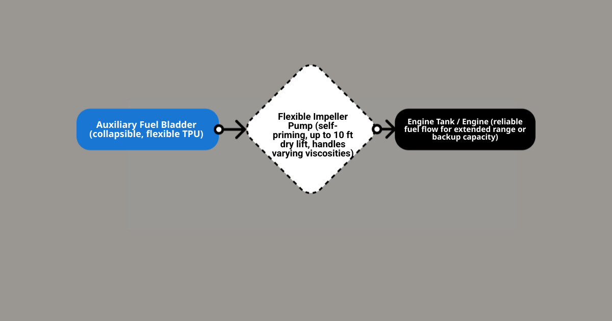 Auxiliary fuel transfer workflow: bladder to pump to engine tank, with key specs and decision points infographic Auxiliary fuel transfer workflow: bladder to pump to engine tank, with key specs and decision points infographic