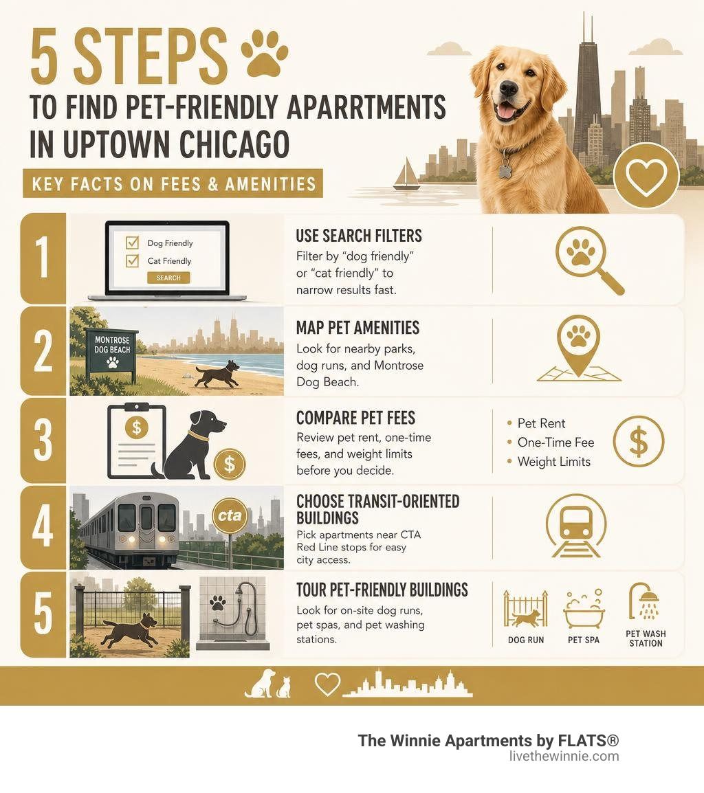 5 steps to find pet-friendly apartments in Uptown Chicago with key facts on fees and amenities infographic