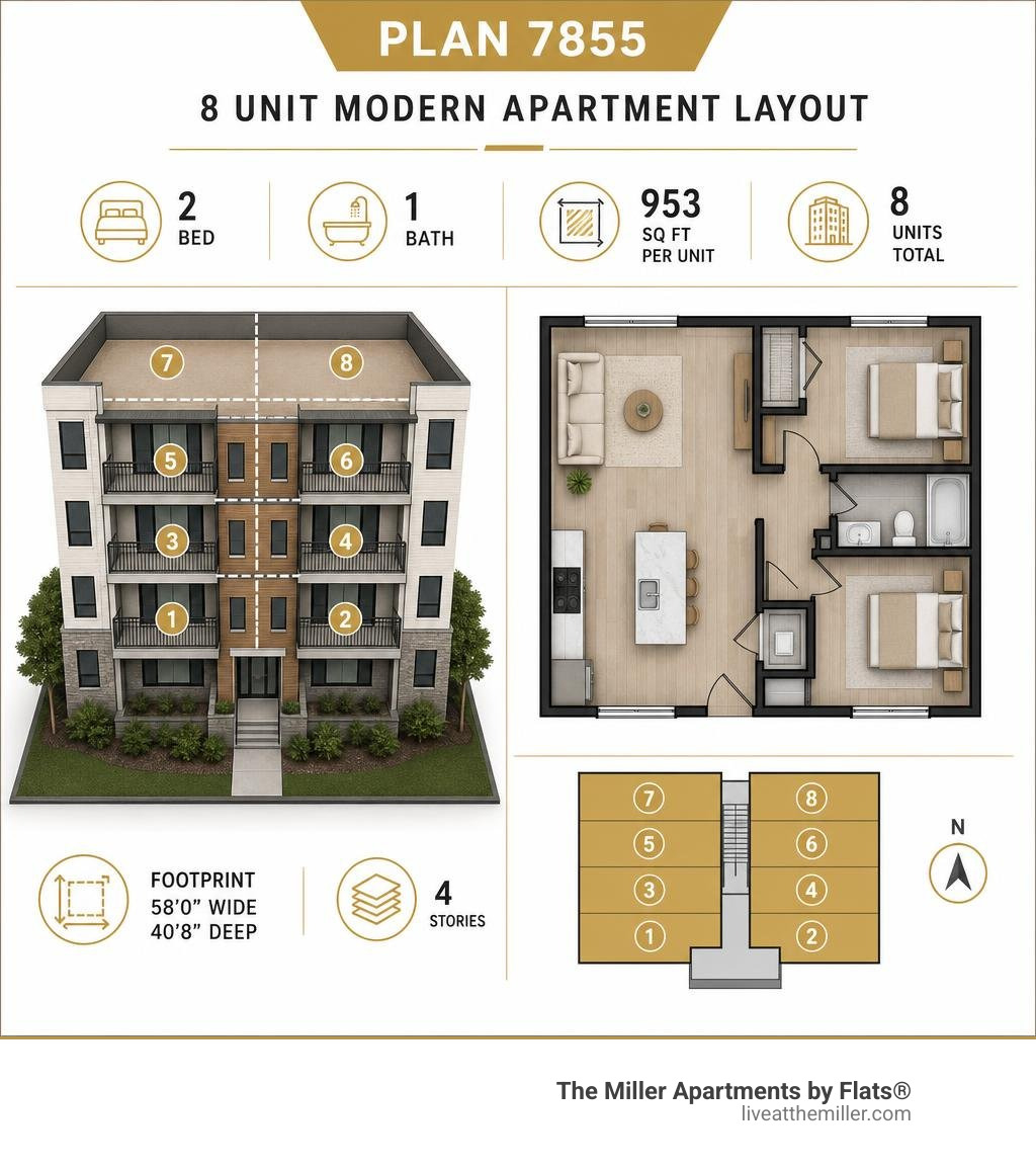 Plan 7855 modern apartment layout infographic showing 8 units, 2 bed, 1 bath, 953 sq ft per unit infographic
