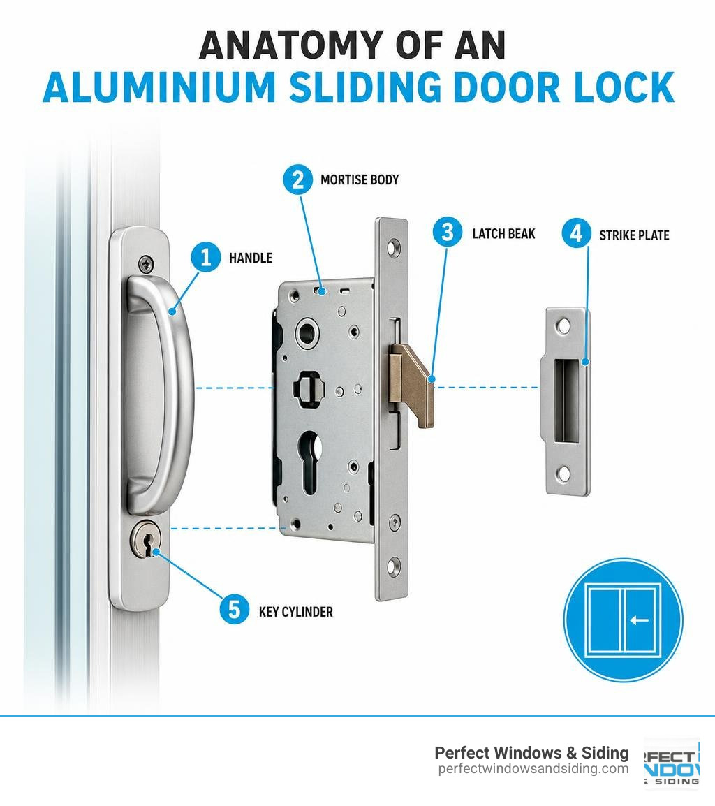 Anatomy of an aluminium sliding door lock: handle, mortise body, latch beak, strike plate, and key cylinder infographic