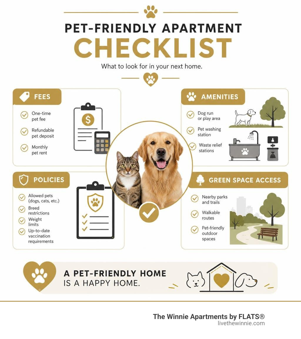 Pet-friendly apartment checklist infographic showing fees, amenities, policies, and green space access infographic