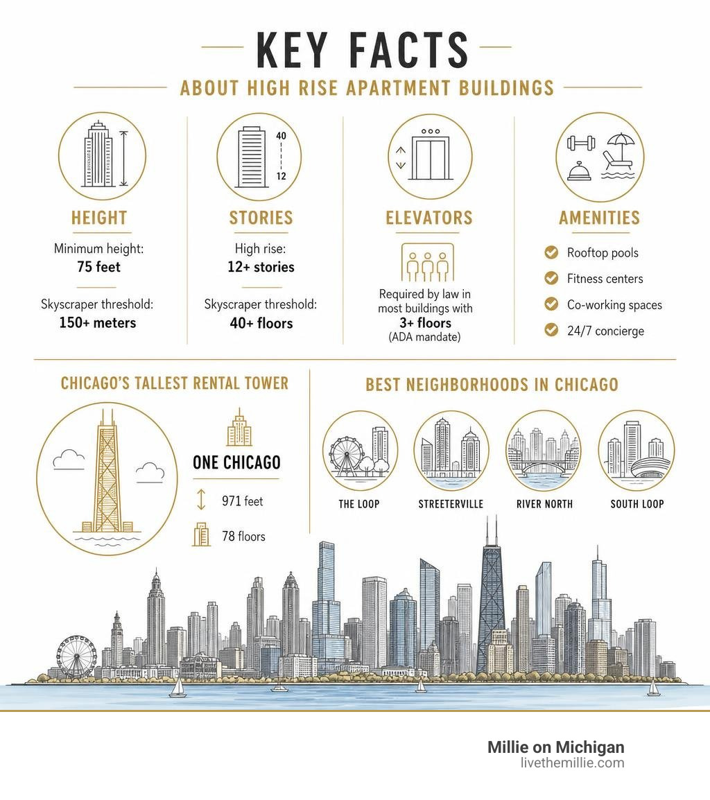 Key facts about high rise apartment buildings: height, stories, amenities, and Chicago neighborhoods infographic Key facts about high rise apartment buildings: height, stories, amenities, and Chicago neighborhoods infographic