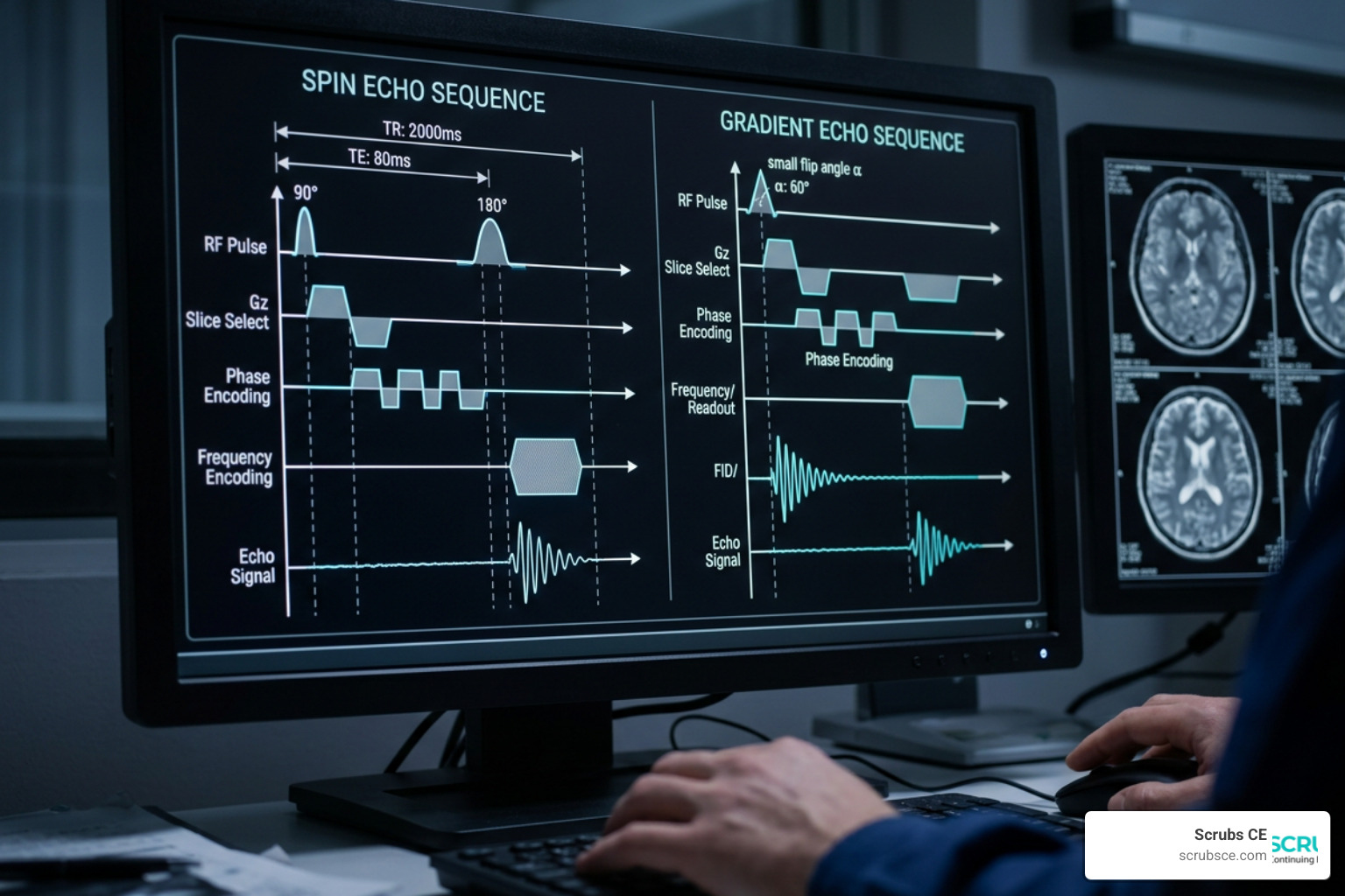 MRI pulse sequence diagrams on a screen showing spin echo and gradient echo MRI pulse sequence diagrams on a screen showing spin echo and gradient echo