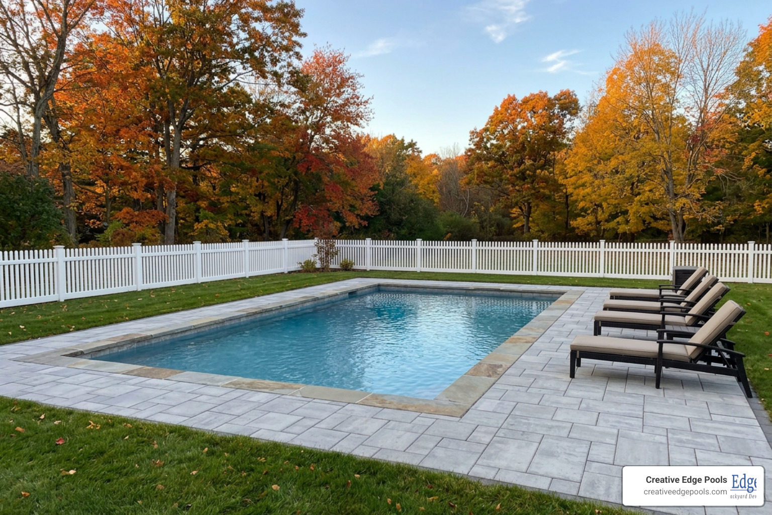 Geometric pool hardscaping in a New England backyard Geometric pool hardscaping in a New England backyard