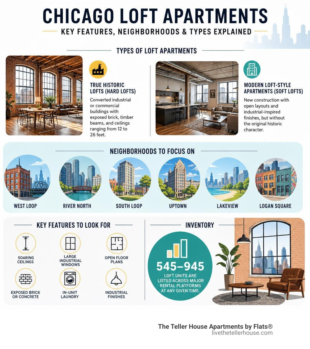 Key features, neighborhoods, and types of Chicago loft apartments explained infographic