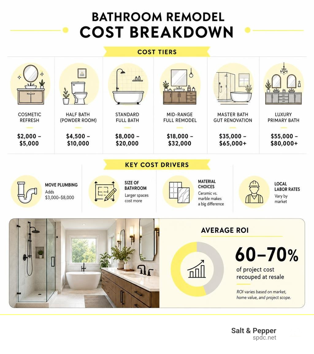 Bathroom remodel cost breakdown infographic with cost tiers, key cost drivers, and average ROI infographic Bathroom remodel cost breakdown infographic with cost tiers, key cost drivers, and average ROI infographic