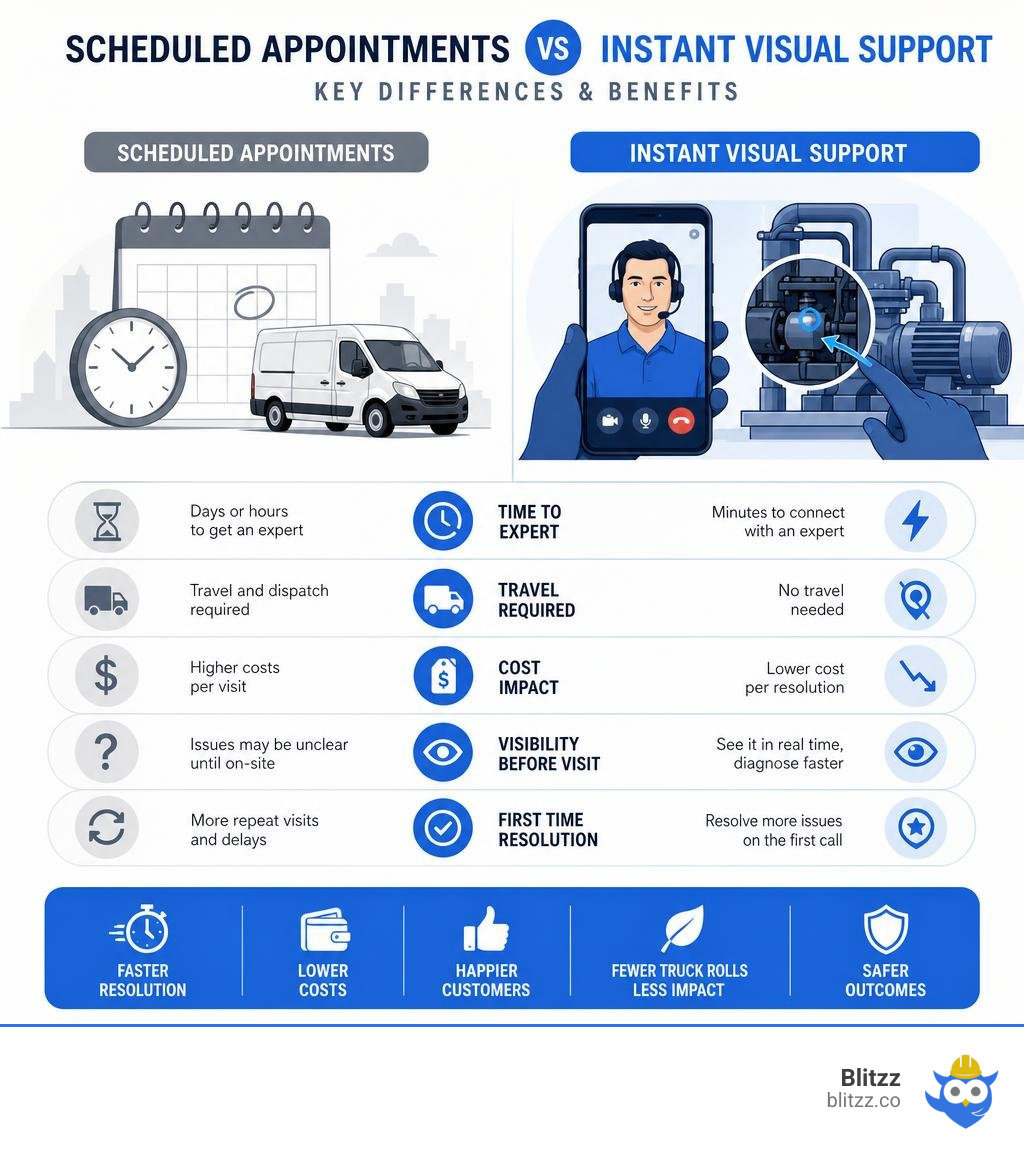 Scheduled appointments vs instant visual support: key differences and benefits infographic infographic