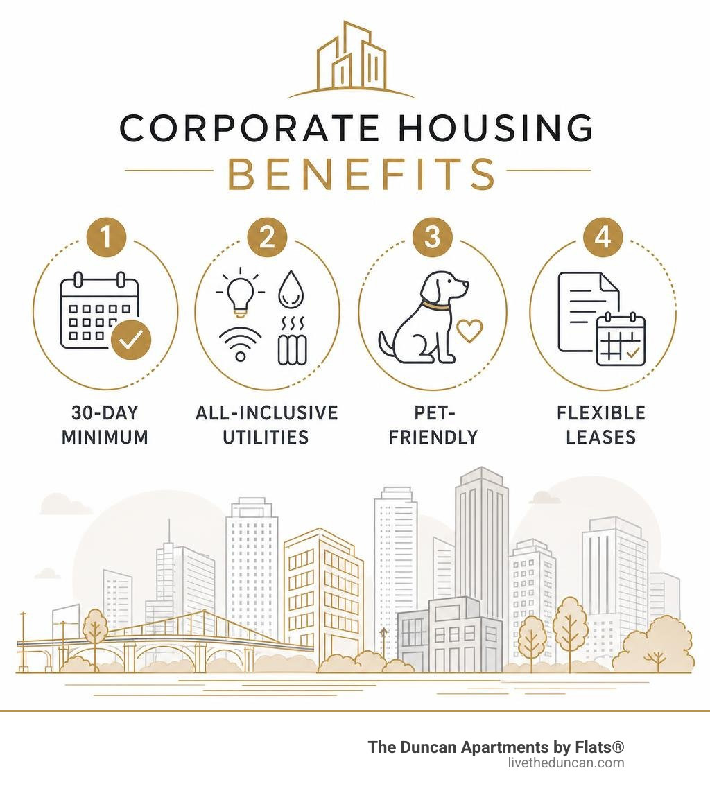 Corporate housing benefits infographic: 30-day minimum, all-inclusive utilities, pet-friendly, flexible leases infographic