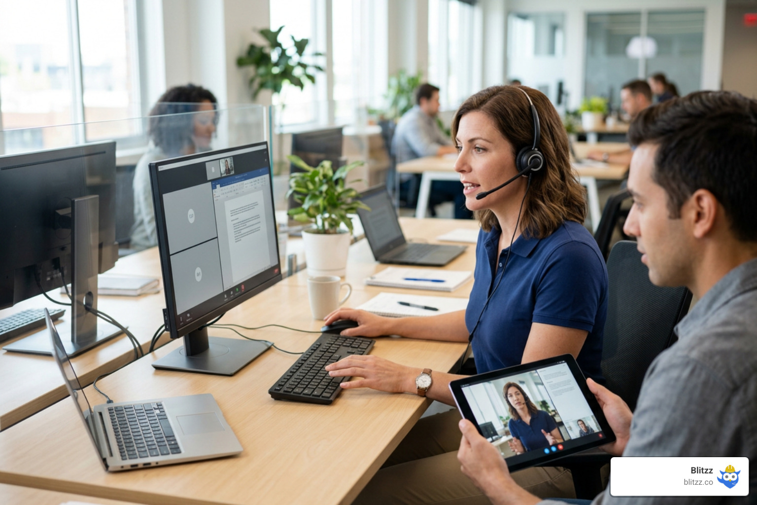 Support agent guiding a user on a tablet during a remote session